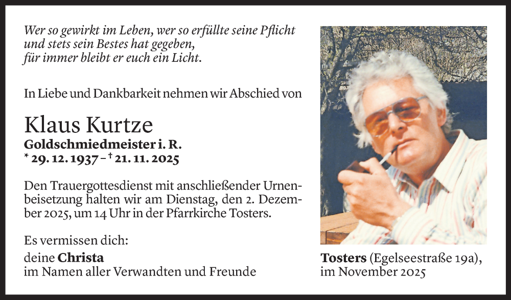  Todesanzeige für Klaus Kurtze vom 26.11.2025 aus vorarlberger nachrichten