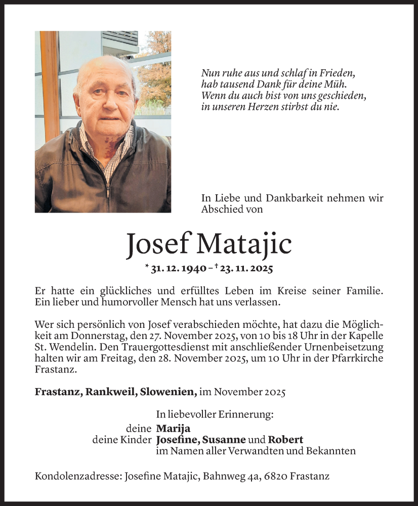  Todesanzeige für Josef Matajic vom 24.11.2025 aus vorarlberger nachrichten