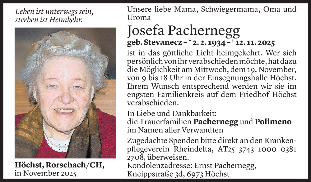  Todesanzeige für Josefa Pachernegg vom 17.11.2025 aus vorarlberger nachrichten