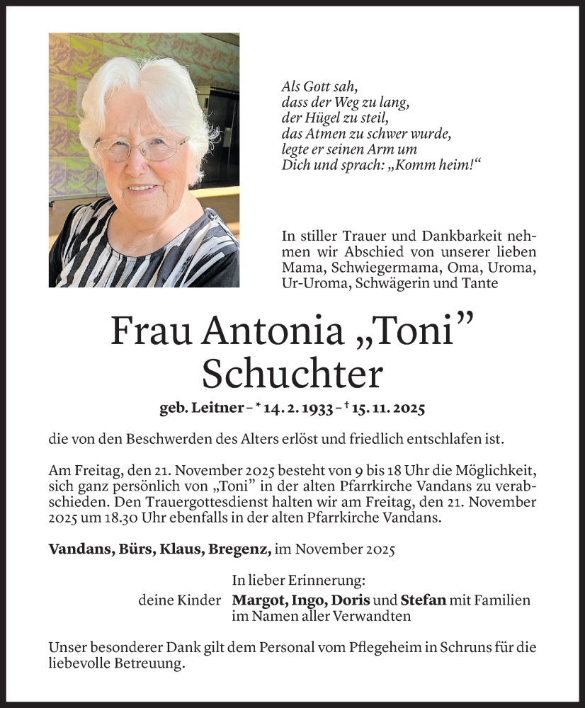  Todesanzeige für Antonia Schuchter vom 18.11.2025 aus vorarlberger nachrichten
