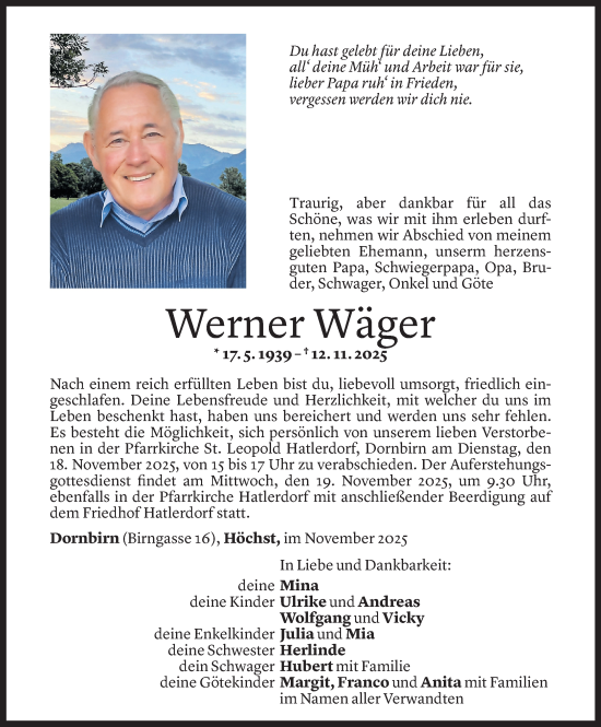 Todesanzeige von Werner Wäger von Vorarlberger Nachrichten