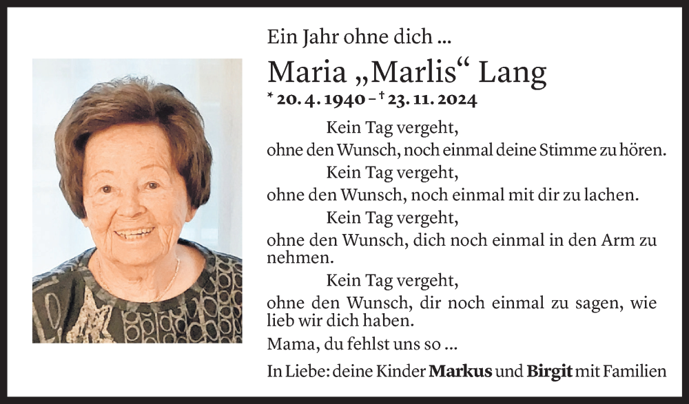  Todesanzeige für Maria Lang vom 20.11.2025 aus Vorarlberger Nachrichten