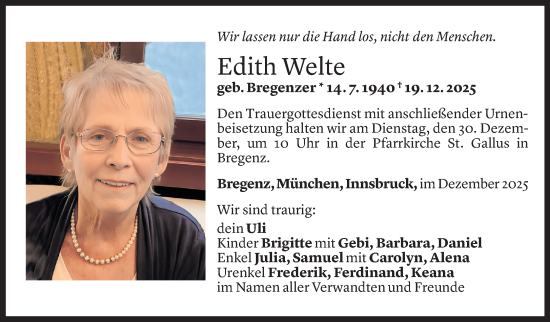 Todesanzeige von Edith Welte von vorarlberger nachrichten