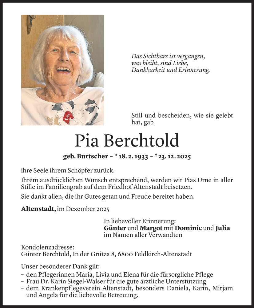  Todesanzeige für Pia Berchtold vom 24.12.2025 aus VN