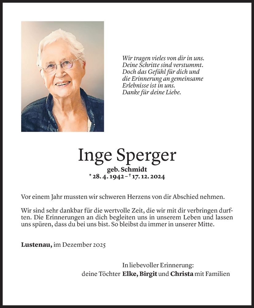  Todesanzeige für Inge Sperger vom 13.12.2025 aus vorarlberger nachrichten