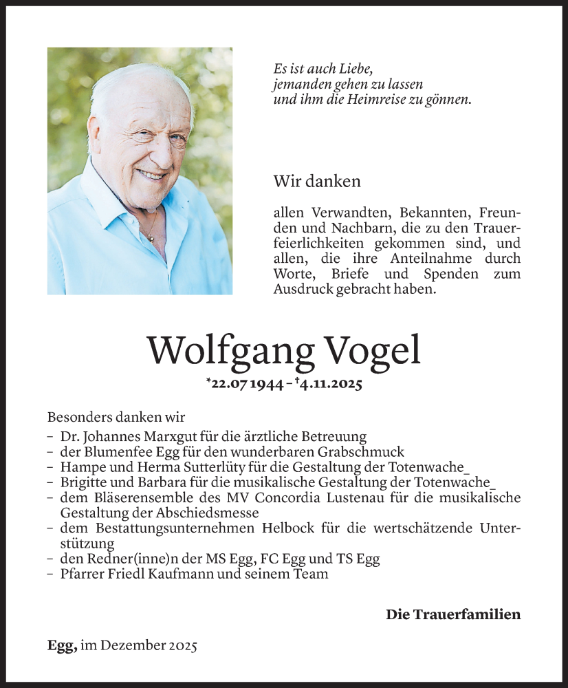  Todesanzeige für Wolfgang Vogel vom 11.12.2025 aus vorarlberger nachrichten
