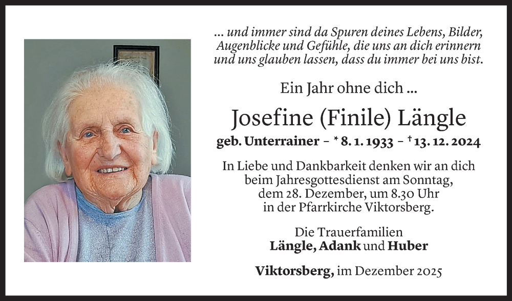  Todesanzeige für Josefine Längle vom 12.12.2025 aus vorarlberger nachrichten