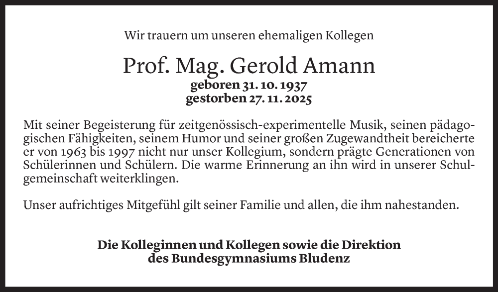  Todesanzeige für Gerold Amann vom 01.12.2025 aus Vorarlberger Nachrichten