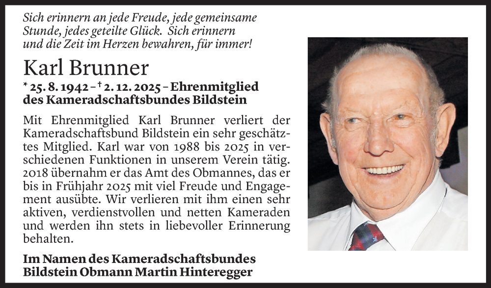  Todesanzeige für Karl Brunner vom 05.12.2025 aus Vorarlberger Nachrichten