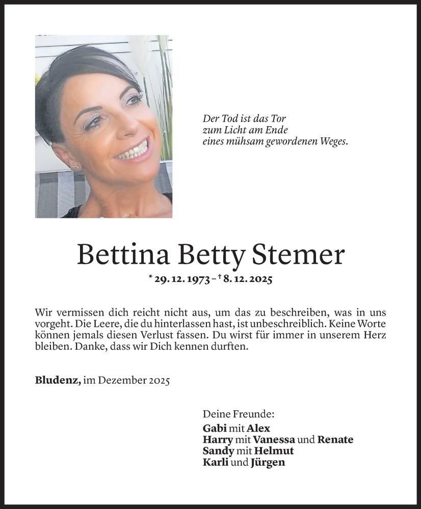  Todesanzeige für Bettina Stemer vom 12.12.2025 aus vorarlberger nachrichten