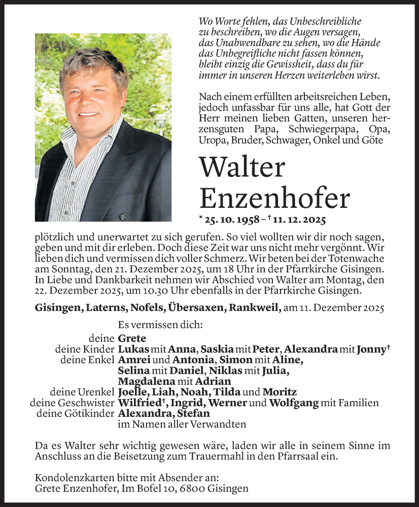  Todesanzeige für Walter Enzenhofer vom 18.12.2025 aus Vorarlberger Nachrichten