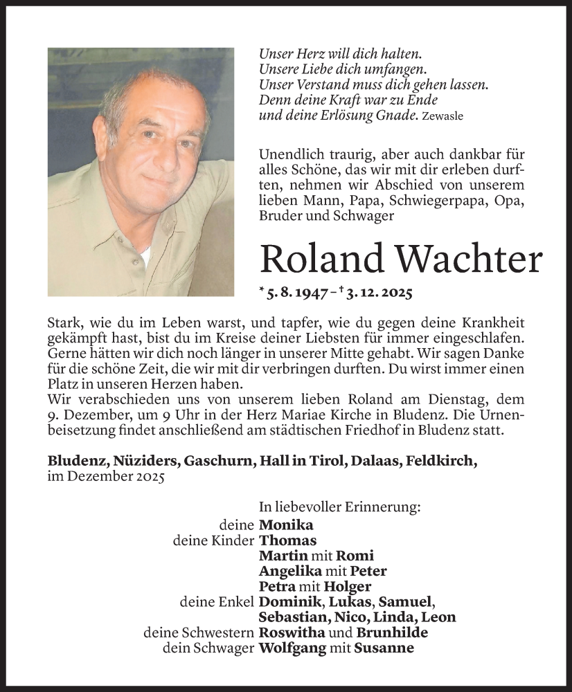  Todesanzeige für Roland Wachter vom 05.12.2025 aus Vorarlberger Nachrichten