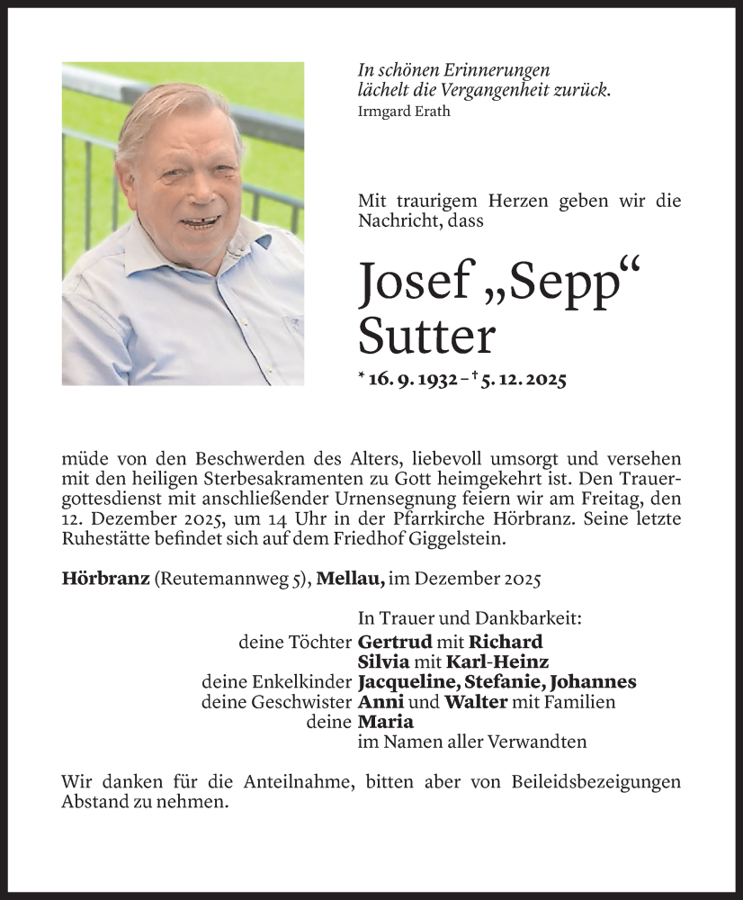  Todesanzeige für Josef Sutter vom 09.12.2025 aus vorarlberger nachrichten