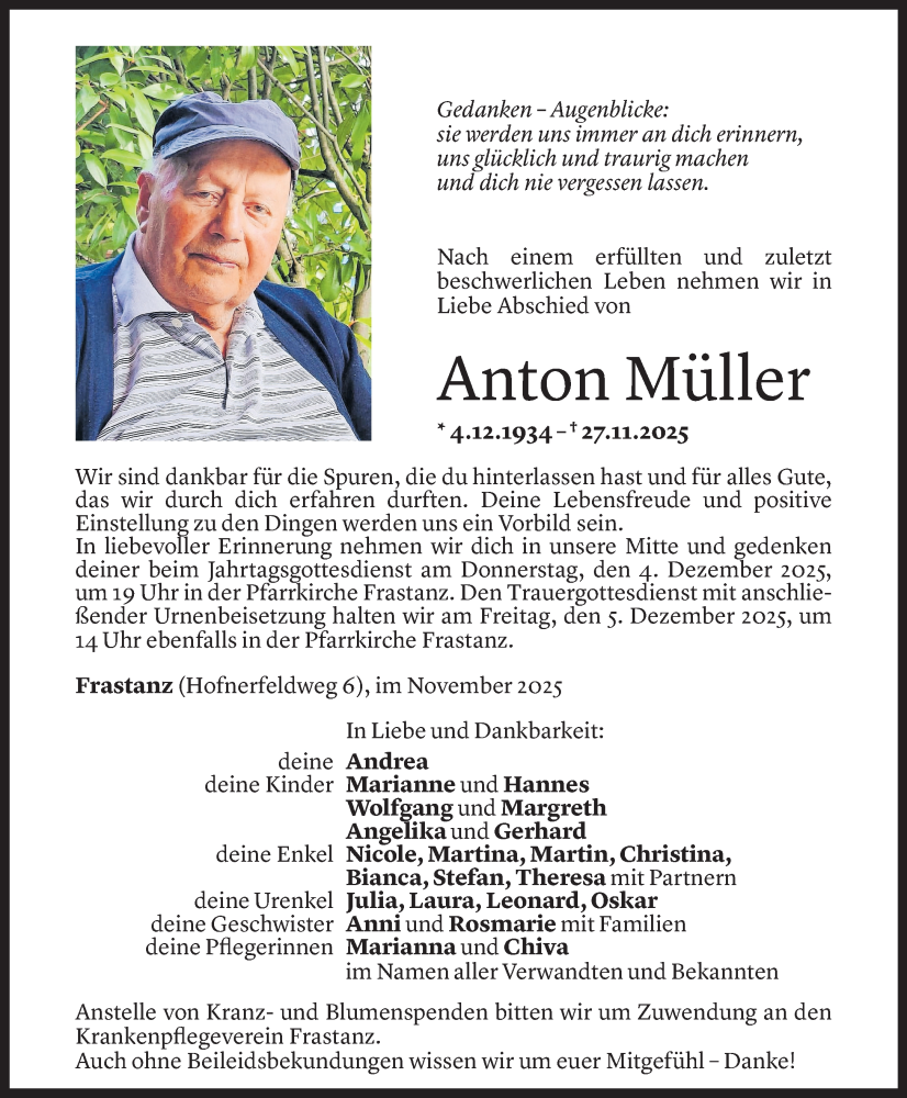  Todesanzeige für Anton Müller vom 01.12.2025 aus vorarlberger nachrichten