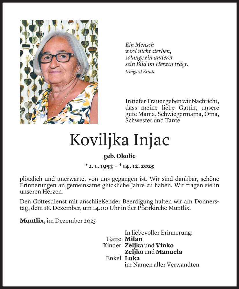  Todesanzeige für Injac Koviljka vom 15.12.2025 aus Vorarlberger Nachrichten