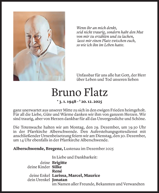 Todesanzeige von Bruno Flatz von vorarlberger nachrichten
