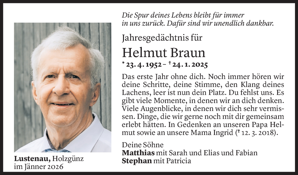  Todesanzeige für Helmut Braun vom 24.01.2026 aus vorarlberger nachrichten