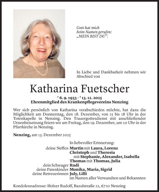 Todesanzeige von Katharina Fuetscher von vorarlberger nachrichten