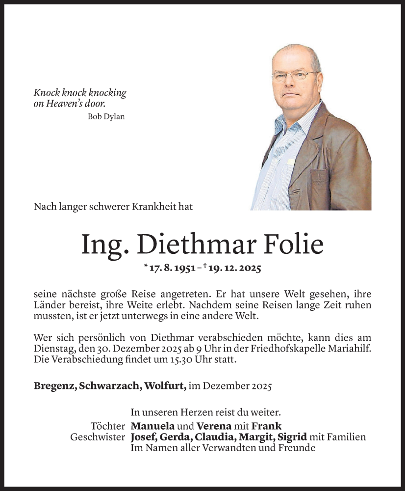  Todesanzeige für Diethmar Folie vom 22.12.2025 aus vorarlberger nachrichten