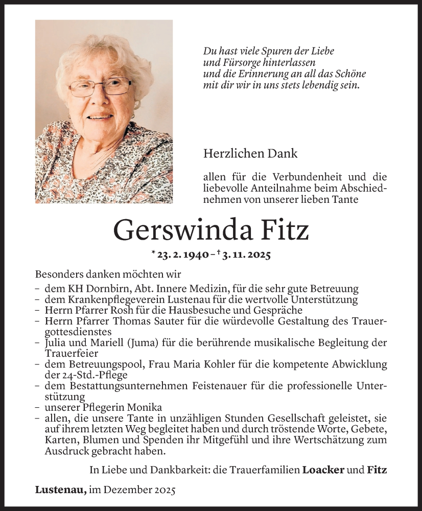  Todesanzeige für Gerswinda Fitz vom 12.12.2025 aus vorarlberger nachrichten
