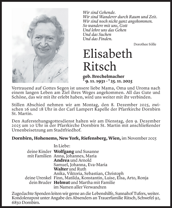 Todesanzeige von Elisabeth Ritsch von vorarlberger nachrichten