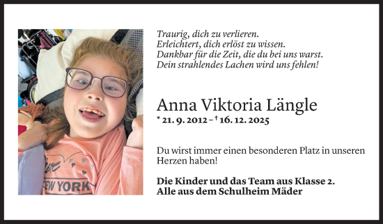 Todesanzeige von Anna Viktoria Längle von Vorarlberger Nachrichten