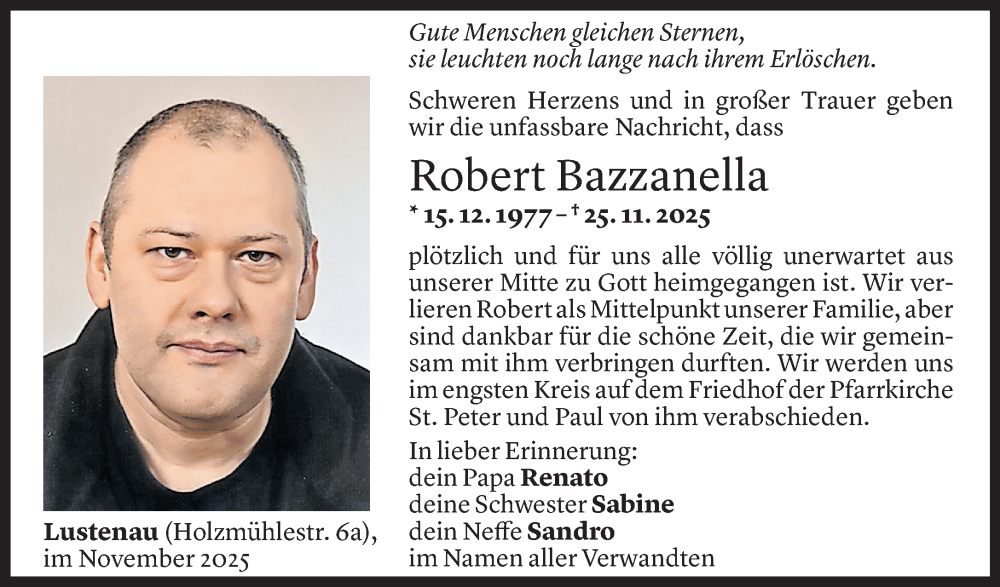  Todesanzeige für Robert Bazzanella vom 06.12.2025 aus Vorarlberger Nachrichten