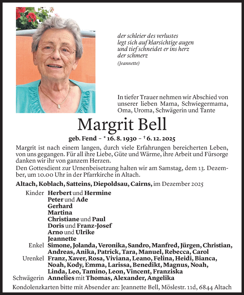  Todesanzeige für Margrit Bell vom 10.12.2025 aus Vorarlberger Nachrichten