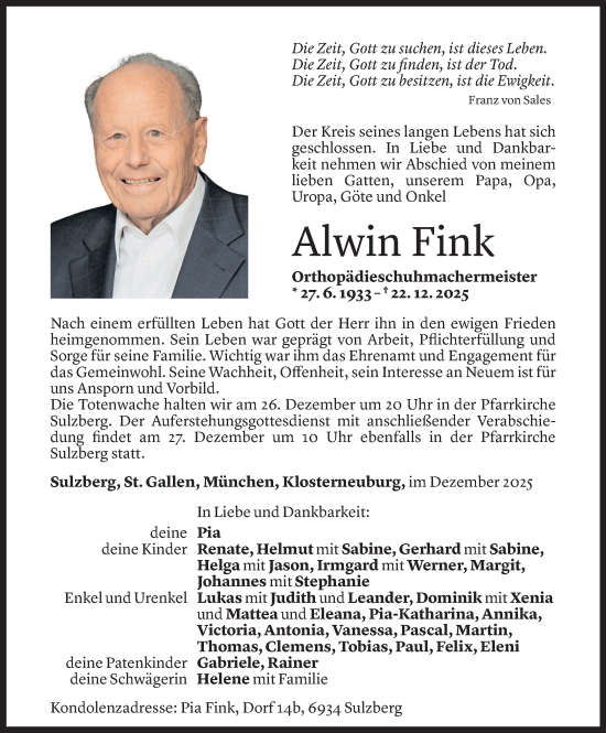 Todesanzeige von Alwin Fink von Vorarlberger nachrichten