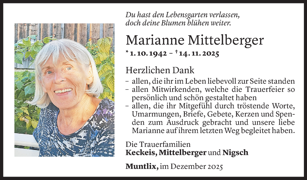  Todesanzeige für Marianne Mittelberger vom 29.12.2025 aus Vorarlberger Nachrichten