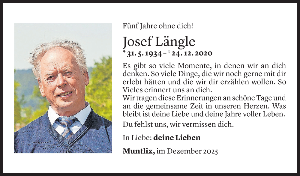  Todesanzeige für Josef Längle vom 18.12.2025 aus Vorarlberger Nachrichten