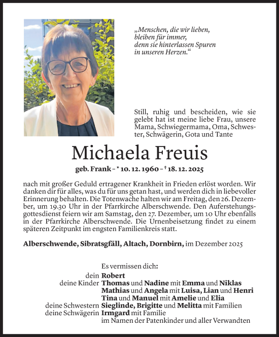 Todesanzeige von Michaela Freuis von vorarlberger nachrichten