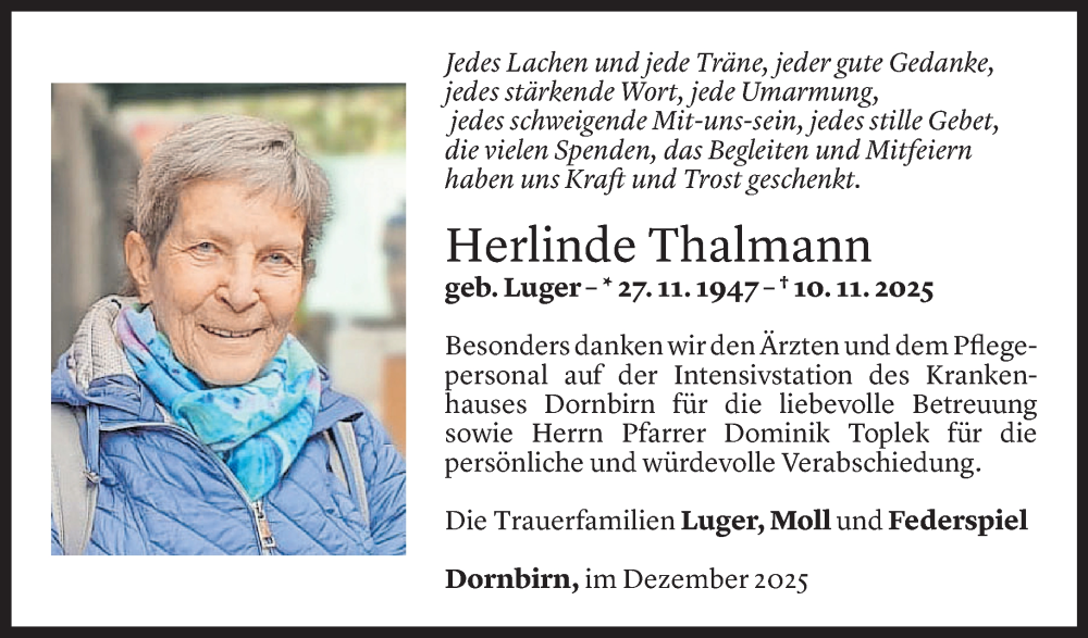  Todesanzeige für Herlinde Thalmann vom 19.12.2025 aus Vorarlberger Nachrichten