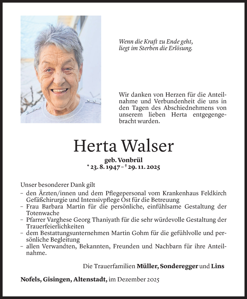  Todesanzeige für Herta Walser vom 27.12.2025 aus vorarlberger nachrichten