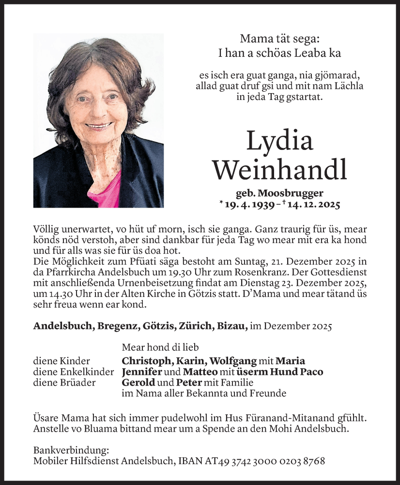  Todesanzeige für Lydia Weinhandl vom 18.12.2025 aus Vorarlberger Nachrichten