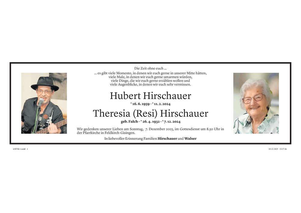  Todesanzeige für Hubert Hirschauer vom 05.12.2025 aus vorarlberger nachrichten