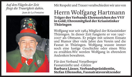 Todesanzeige von Wolfgang Hartmann von Vorarlberger nachrichten