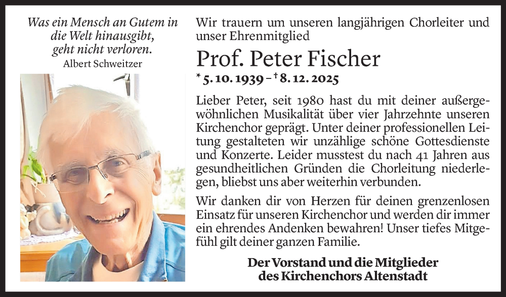  Todesanzeige für Peter Fischer vom 16.12.2025 aus Vorarlberger nachrichten