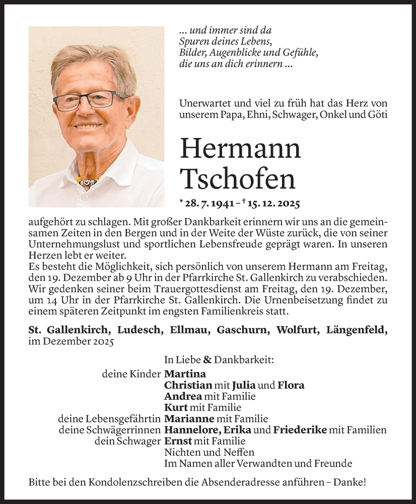  Todesanzeige für Hermann Tschofen vom 18.12.2025 aus Vorarlberger Nachrichten