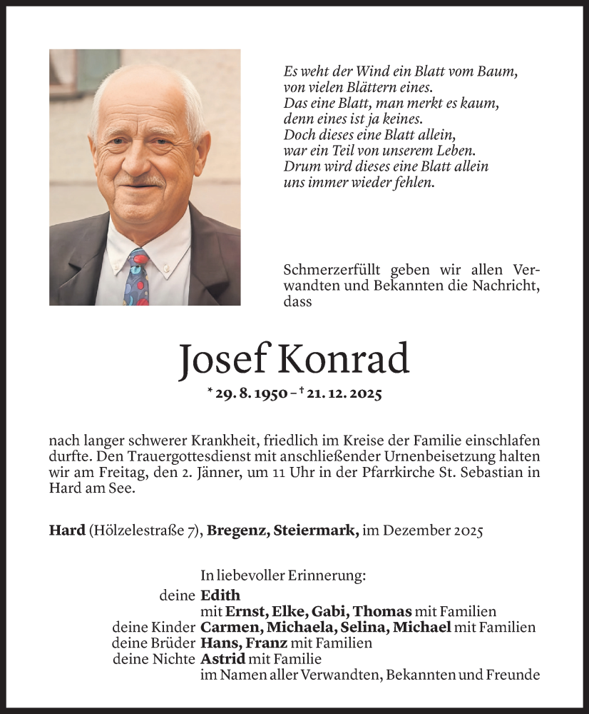  Todesanzeige für Josef Konrad vom 30.12.2025 aus Vorarlberger Nachrichten
