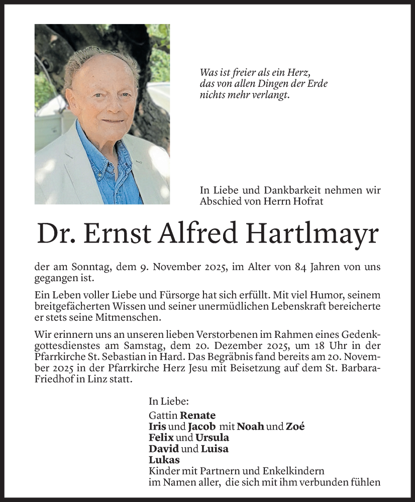  Todesanzeige für Ernst Alfred Hartlmayr vom 16.12.2025 aus Vorarlberger Nachrichten