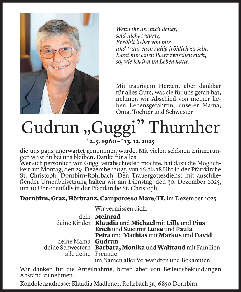  Todesanzeige für Gudrun Thurnher vom 23.12.2025 aus vorarlberger nachrichten