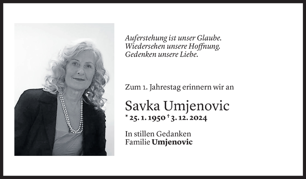  Todesanzeige für Savka Umjenovic vom 02.12.2025 aus Vorarlberger Nachrichten