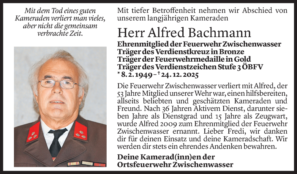  Todesanzeige für Alfred Bachmann vom 30.12.2025 aus Vorarlberger Nachrichten