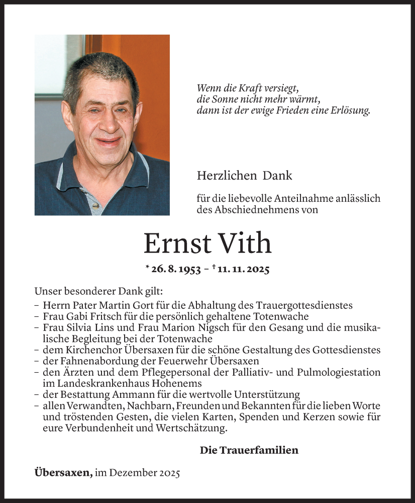  Todesanzeige für Ernst Vith vom 11.12.2025 aus vorarlberger nachrichten