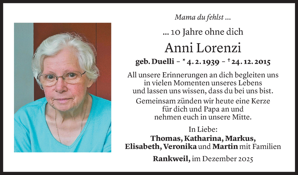  Todesanzeige für Anni Lorenzi vom 23.12.2025 aus Vorarlberger nachrichten