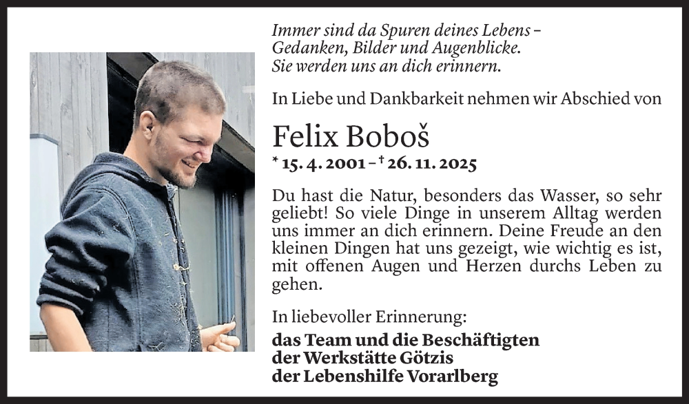  Todesanzeige für Felix Bobos vom 03.12.2025 aus Vorarlberger Nachrichten