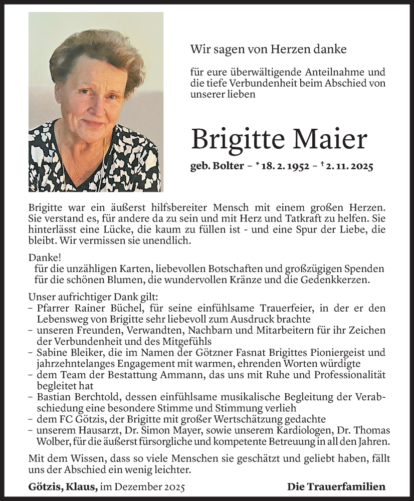  Todesanzeige für Brigitte Maier vom 05.12.2025 aus Vorarlberger Nachrichten