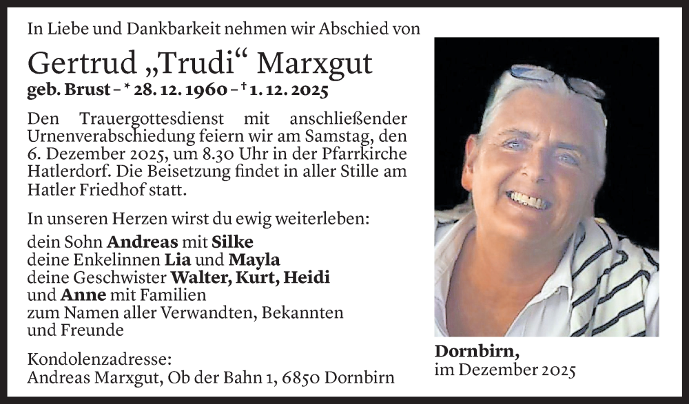  Todesanzeige für Gertrud Marxgut vom 03.12.2025 aus vorarlberger nachrichten