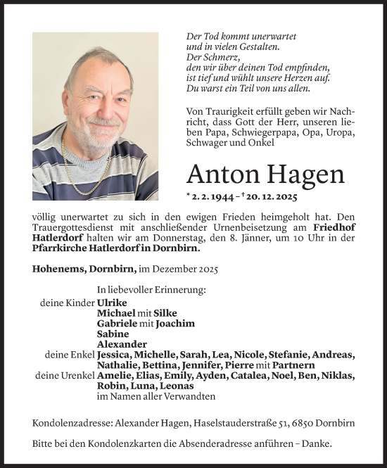 Todesanzeige von Anton Hagen von Vorarlberger Nachrichten